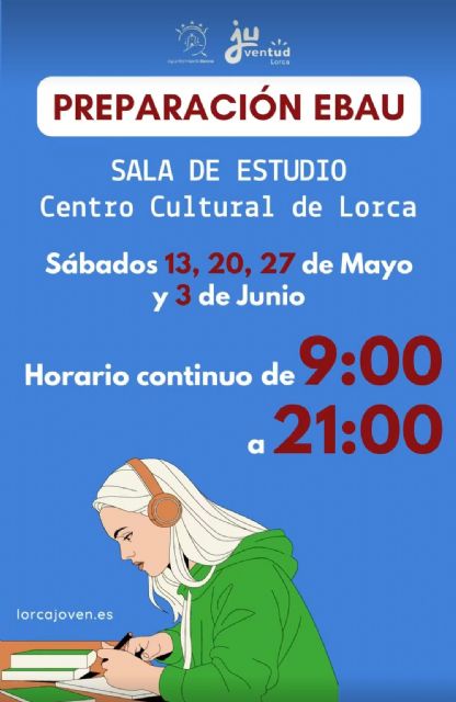 La sala de estudio del Centro Cultural abrirá los sábados de 9:00 a 21:00 horas para facilitar la preparación de la EBAU y los exámenes finales a los jóvenes lorquinos