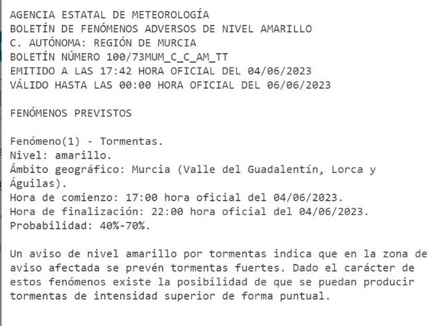 Aviso nivel amarillo por tormentas en el Valle del Guadalentín, Lorca y Águilas