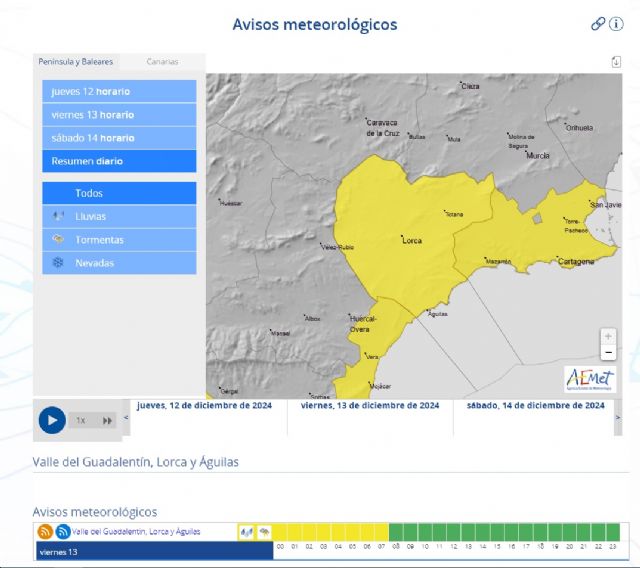 AEMET activa en Lorca el aviso amarillo por lluvias y tormentas