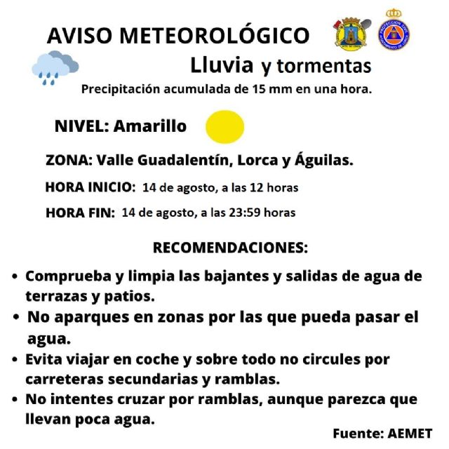 La Agencia Estatal de Meteorología activa el aviso amarillo por lluvias y tormentas en Lorca