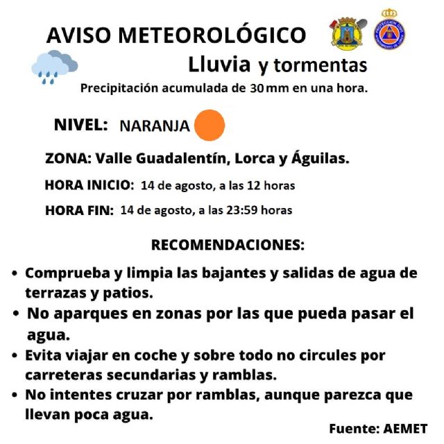 El Ayuntamiento de Lorca activa el Plan INUNLOR en fase de Preemergencia ante el nivel naranja por lluvias y tormentas