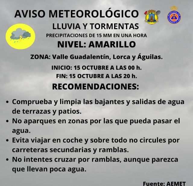 La Agencia Estatal de Meteorología activa el aviso amarillo por lluvias y tormentas en Lorca para hoy