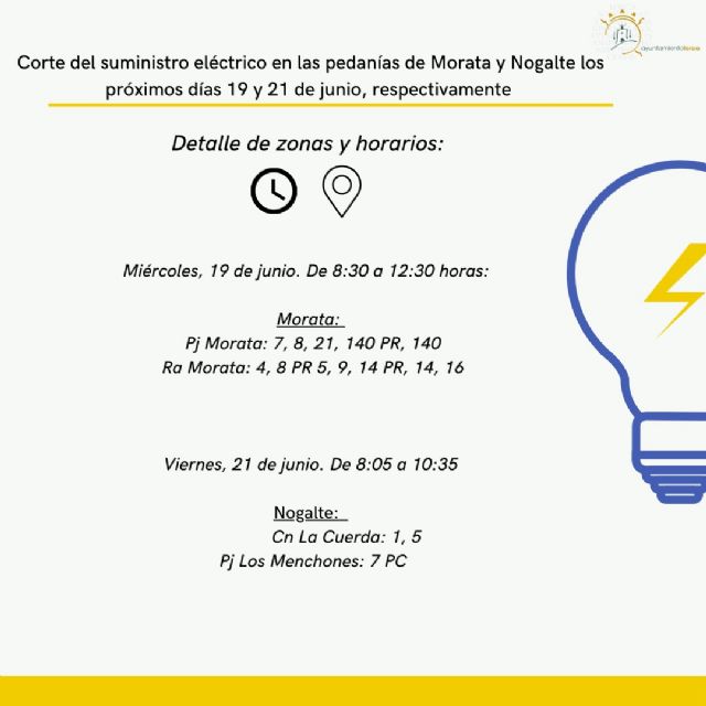 Corte del suministro eléctrico en las pedanías de Morata y Nogalte los próximos días 19 y 21 de junio, respectivamente