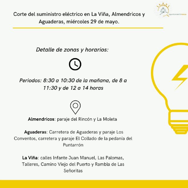 La Viña, Almendricos y Aguaderas sufrirán el miércoles la interrupción del suministro de luz por la ampliación de la red eléctrica